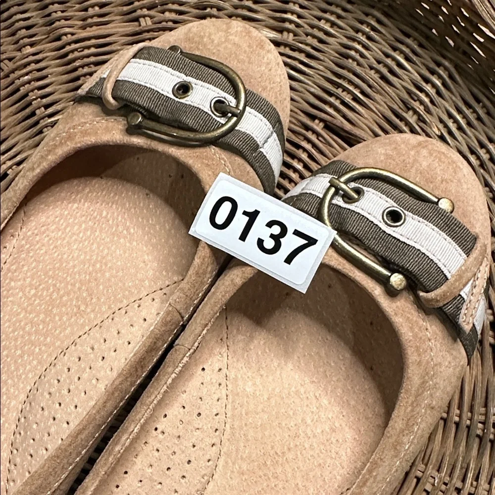 L.L. Bean Tan Flats with Brown and White Ribbon and Buckle Accents